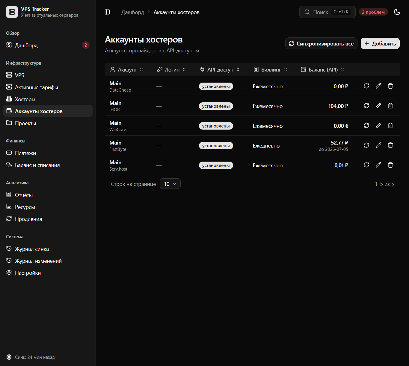 Аккаунты хостеров